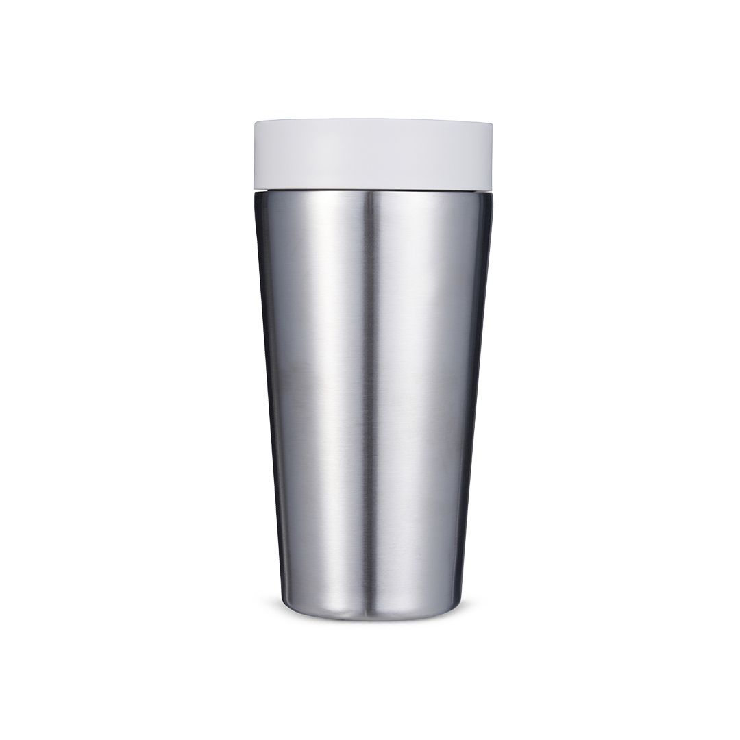 steel reusable cup with white lid
